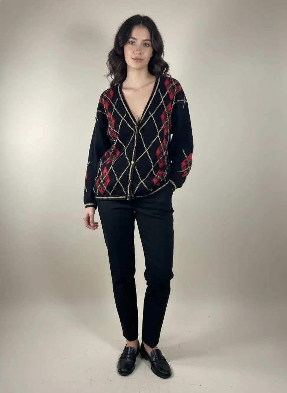 Vintage Hand Embroidered Argyle Holiday Grandpa Button-Front Cardigan Sweater